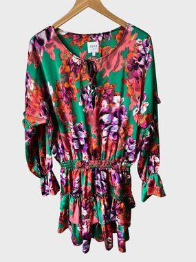 MISA Los Angeles Green Floral Tie-Neck Peplum dress.